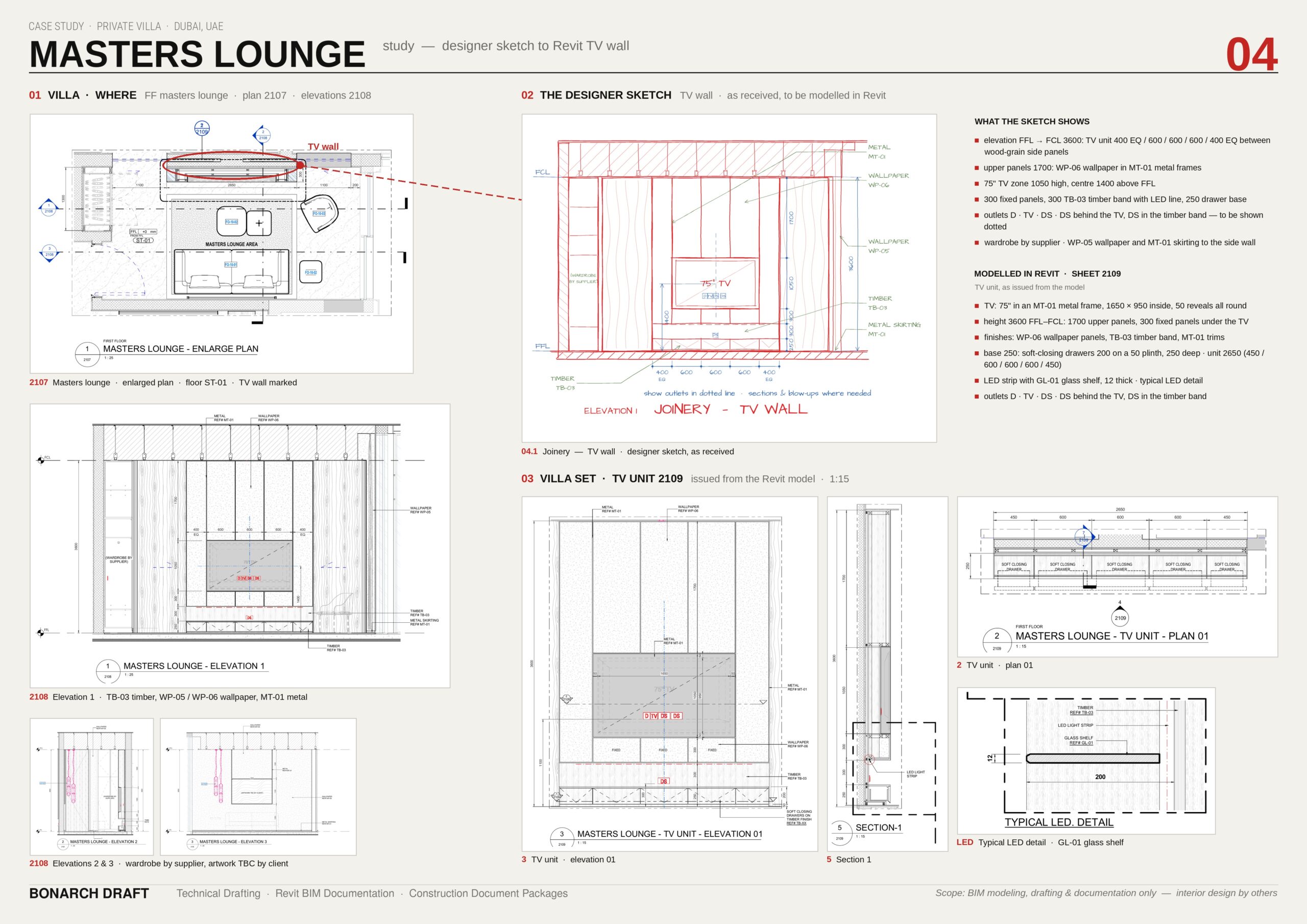 Masters lounge: the designer's TV wall sketch and the joinery elevation, plan, section and LED detail issued from the Revit model