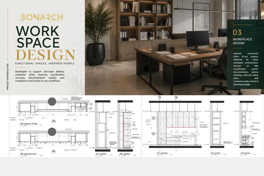 Office fit-out permit drawing package for a Dubai Design District project